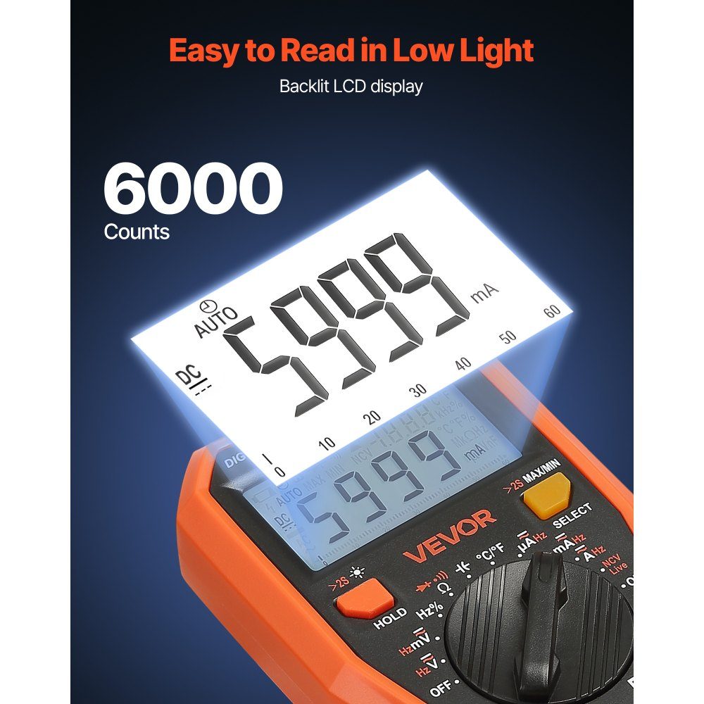 Digitalmultimeter, 6000-Count TRMS DC/AC-Voltmeter-Stromtester, NCV-Multimeter für Strom, Spannung, Widerstand, Arbeitszyklus, Temperatur, Dioden, Stromdurchgangsprüfung