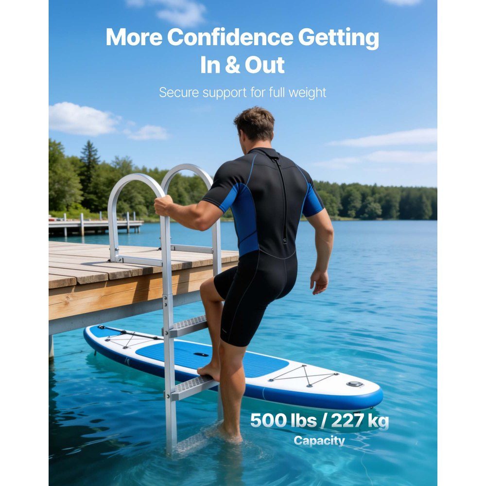 Dock Ladder Removable, Boat Ladder with 3 Non-Slip Steps, Wide Pedals and Handrail, 500lb Aluminum Alloy Pool Ladder, Entry Ladder for Docks, Pools, Lakes, Boats, Silver