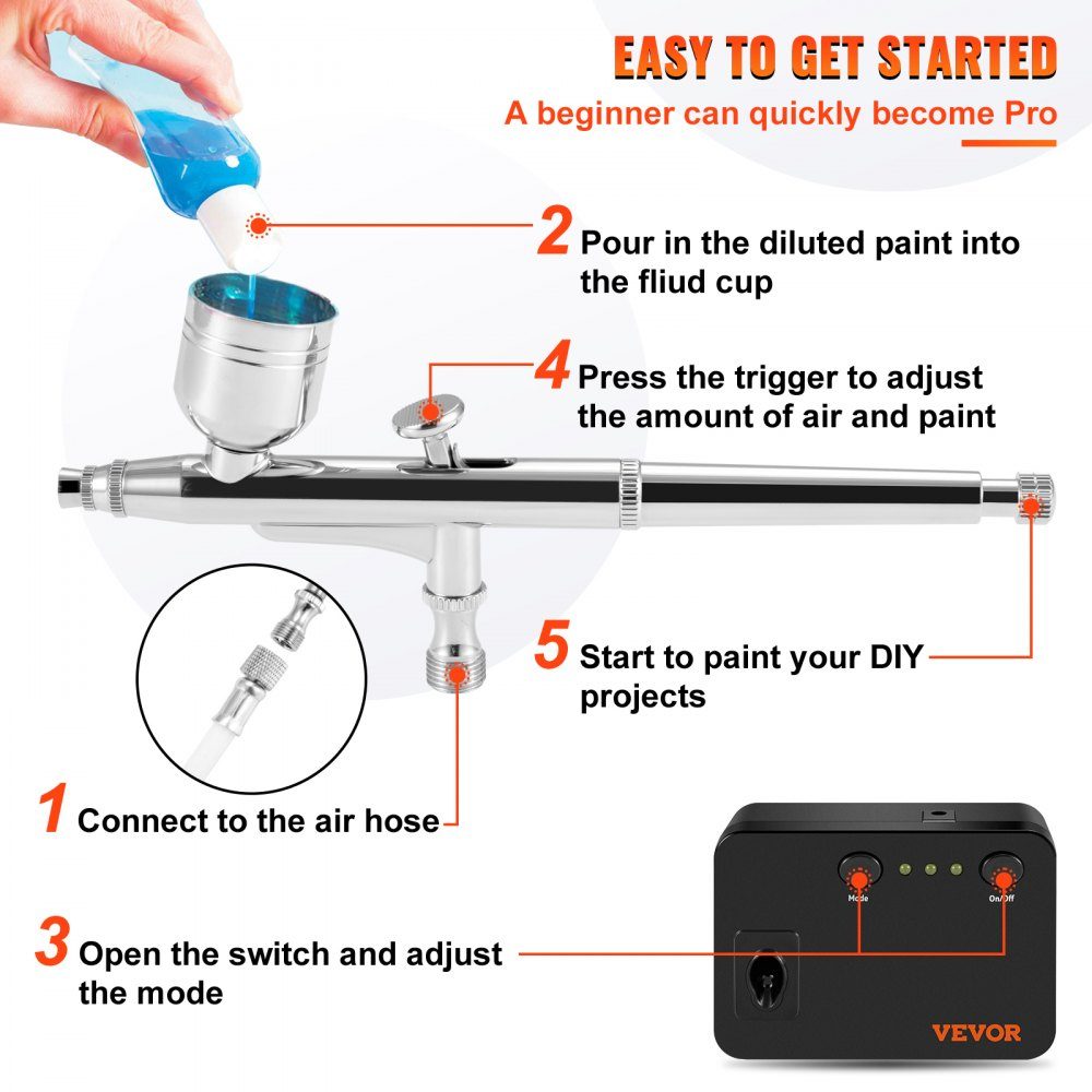 Kit aérographe double action avec pistolet à peinture, compresseur d'air 30 psi ± 15 % 230 V pour maquillage, manucure, tatouage, conception de peinture, artisanat, décoration alimentaire