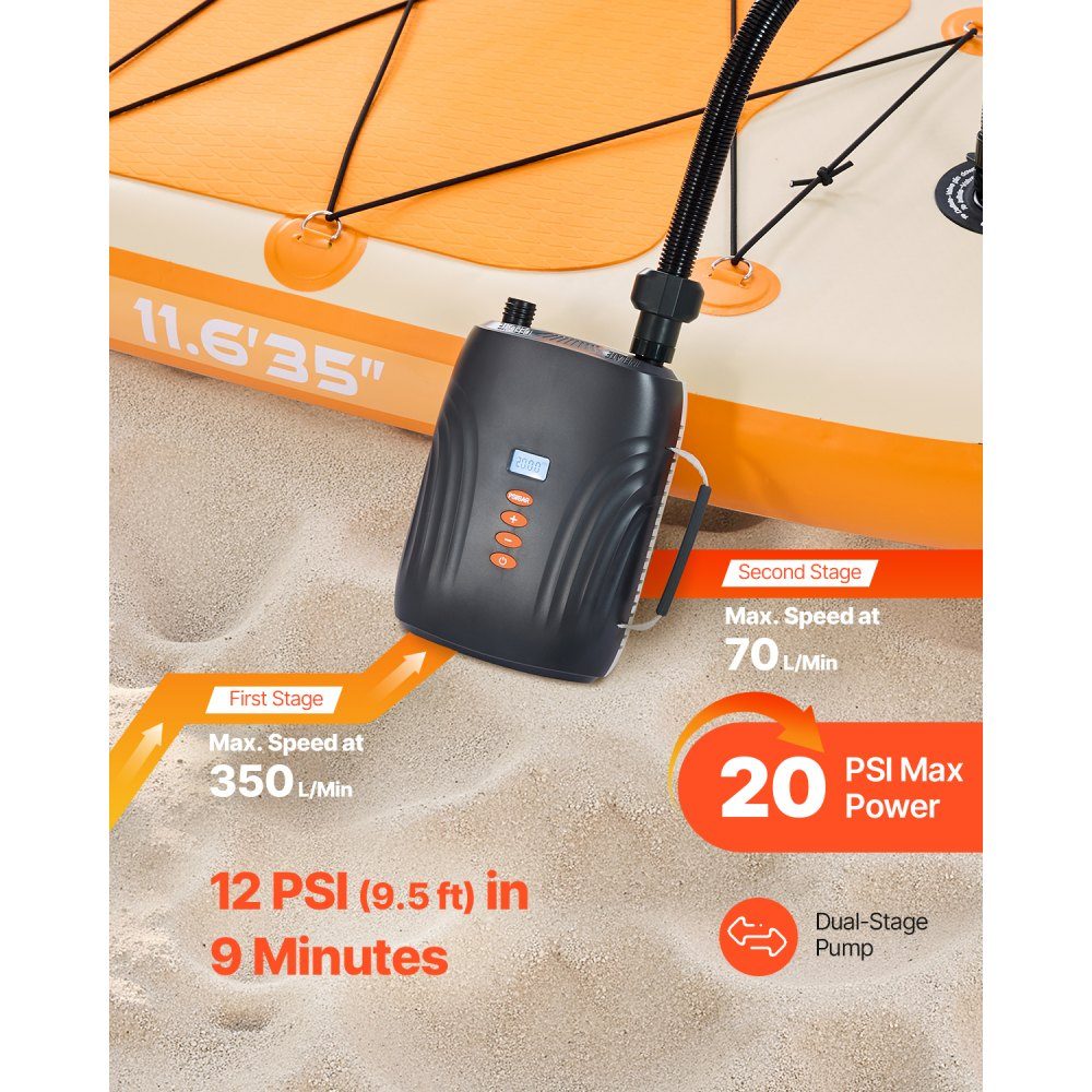 Paddleboard Pump (20 PSI), Rechargeable Battery, Two-Stage Electric SUP Air Pump with und 12-V-DC-Autostart Auto Shut-Off, Inflate and Deflate, Ideal for Inflatable Boats