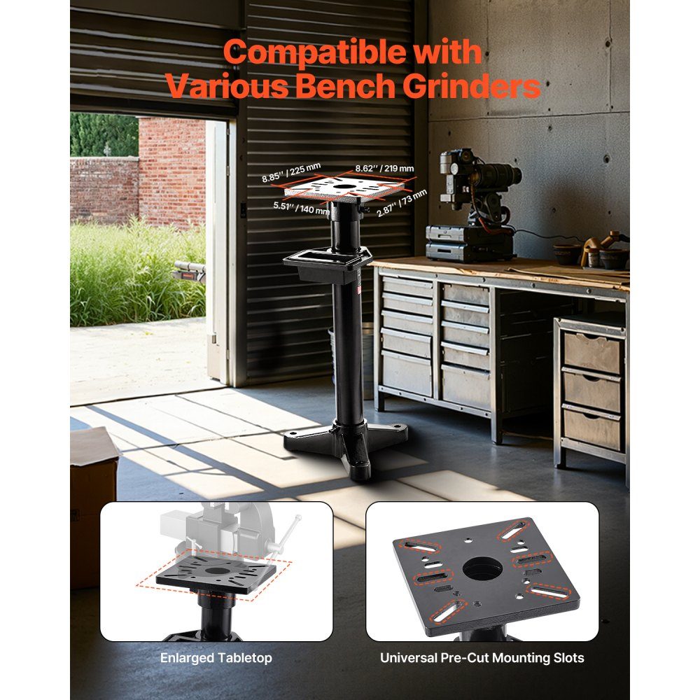 Bench grinder stand, vise floor base with 27 x 27 cm mounting plate, pre-cut mounting slots and water container, compatible with most bench grinders