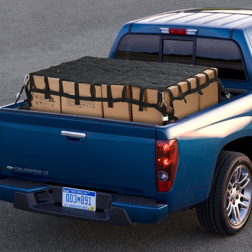 Cargo Net, 183 x 145 cm, Truck Bed Net, 4 Adjustable Straps with Carabiners & S-Hooks, Transport Net Wear-Resistant & Weatherproof, Luggage Net Suitable for Pickup, Truck, Jeep, SUV, Boat
