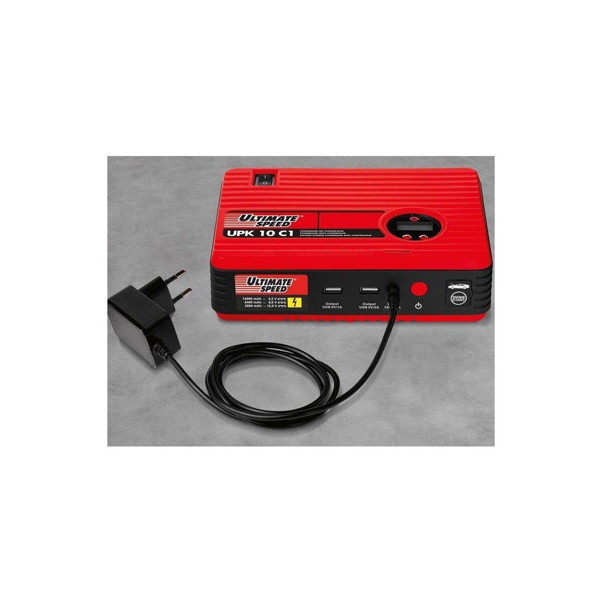 Power bank car jump starter with compressor air attachments and flashlight SOS kit