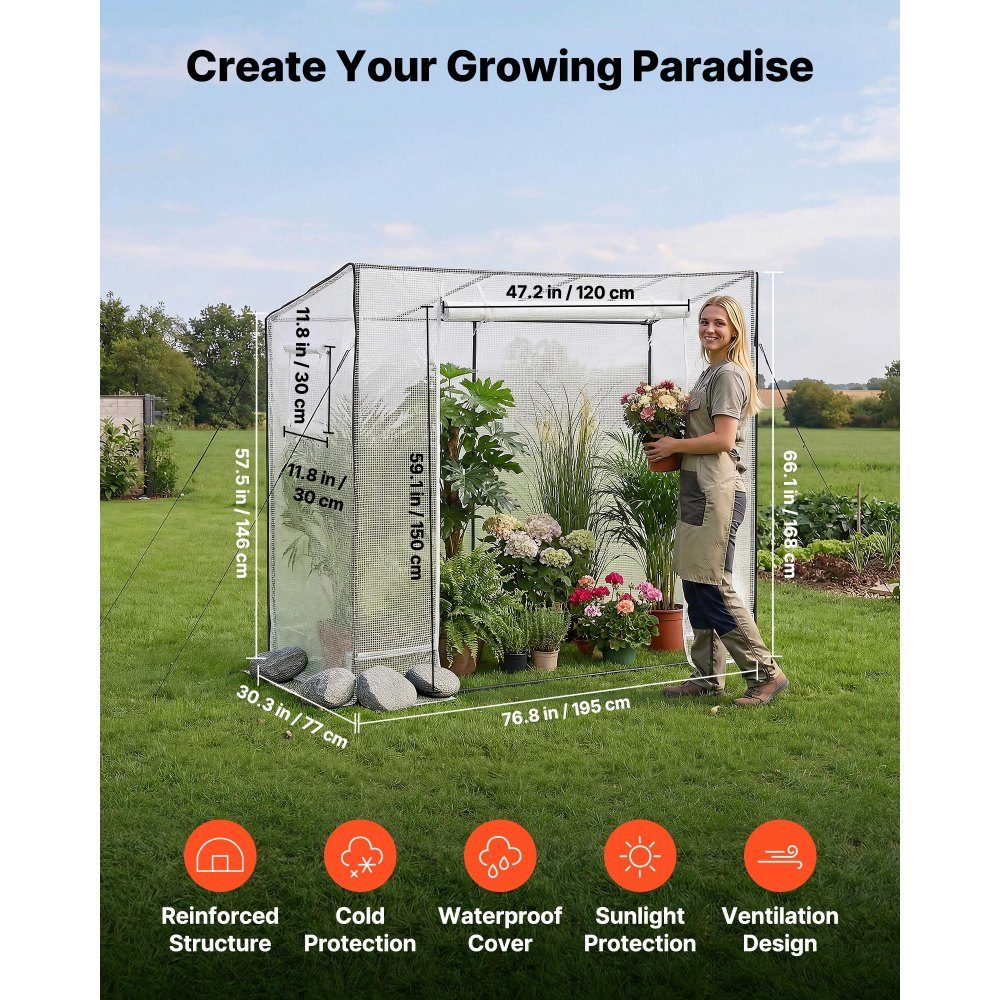 Greenhouse 195x77x146/168 cm, film greenhouse, tomato house with powder-coated steel frame, PE cover, roll-up zipper door & 2 windows, greenhouse for outdoor use