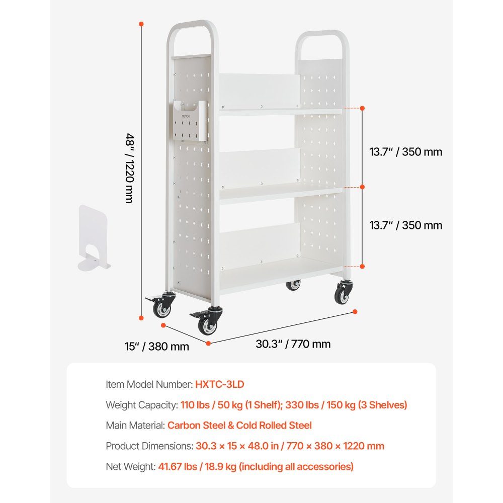 Wózek na książki 150 kg Nośność Wózek biblioteczny 77 x 38 x 122 cm Jednostronny regał w kształcie litery L z podwójnymi kółkami hamulcowymi Wózek na książki do salonu Biuro Szkoła Biały