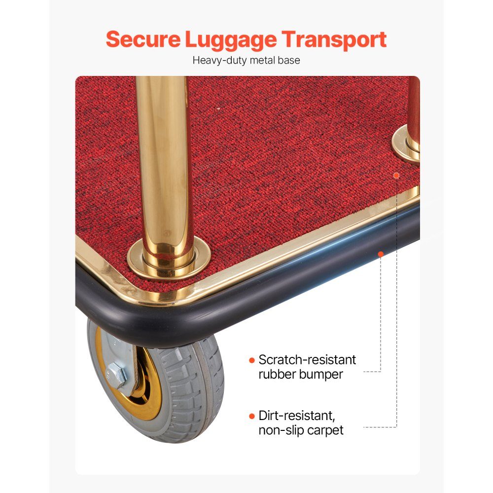 Hotel Luggage Cart 500kg Load Capacity Curved Stainless Steel Luggage Cart with Red Carpet Floor and 15cm Rubber Wheels Ideal for Hotels, Condominiums, Resorts