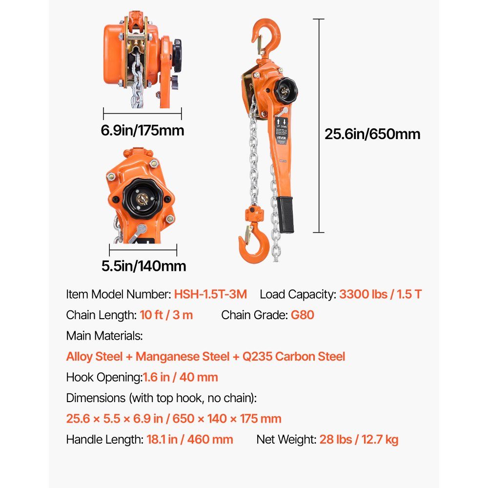 Lever Hoist, 1.5 Ton Capacity Hand Chain Hoist, 3m Stroke, G80 Steel Alloy Chain with Double Pawl Mechanical Brake, Hoist with 360° Swivel Hooks, Ratchet Hoist for Warehouse, Construction, Garage
