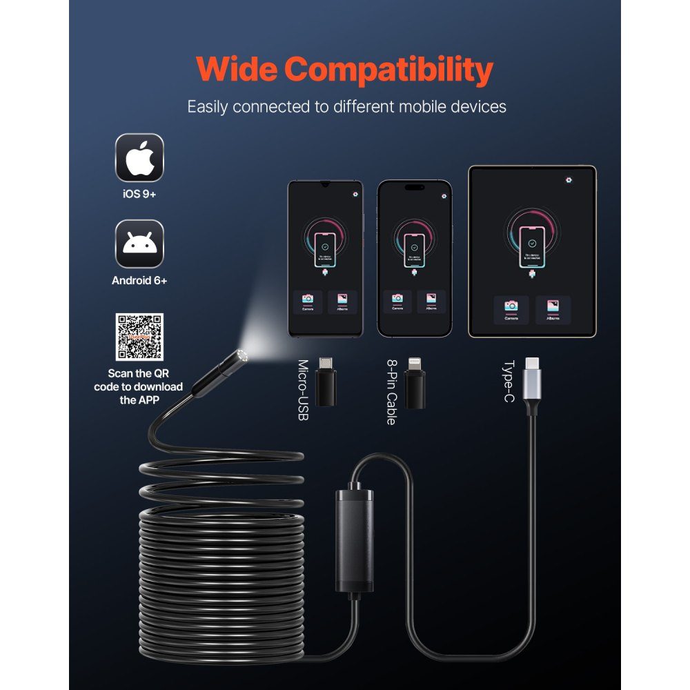 Endoskopkamera mit 15 m Kabel, 1920P HD-Inspektionskamera für Android und iOS, industrielle Kanalisationskamera mit Licht – 8 LEDs, 2-fach Zoom, IP67-Schlangenkamera für Auto, Sanitär