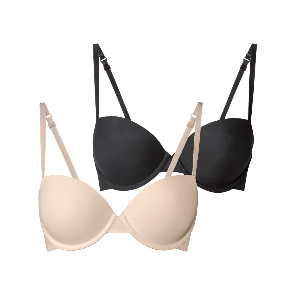 esmara® Women's T-Shirt Bras 2 Pack with Adjustable Straps (Black/Beige, 70A)