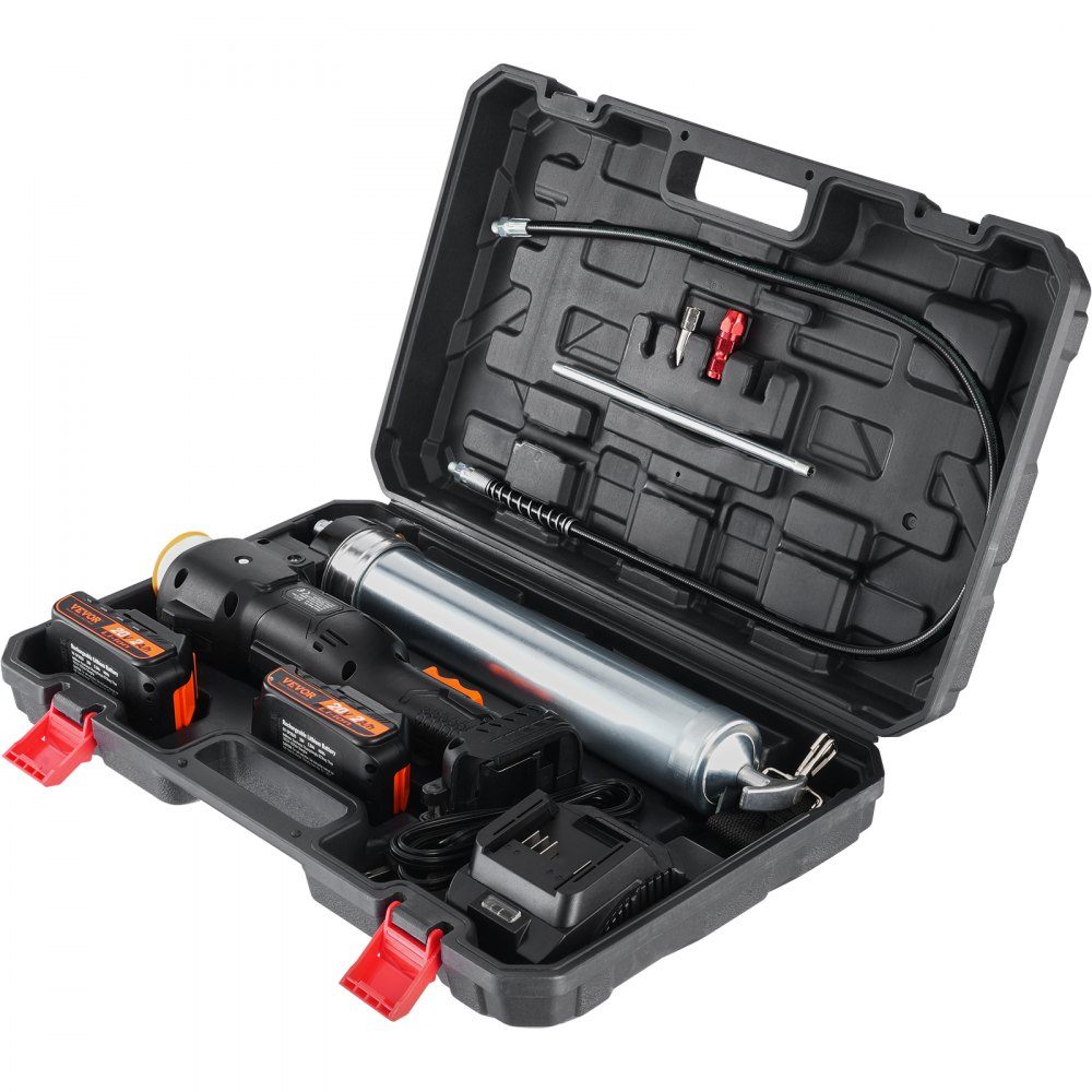 Bezprzewodowa smarownica 20 V Smarownica 500 g Ciśnienie robocze 10 000 PSI Elektryczna smarownica 125 g/min Szybkość podawania oleju w zestawie. 2x akumulatory 2,0 Ah, wąż Φ9x990mm i uniwersalna smarownica z szybką ładowarką