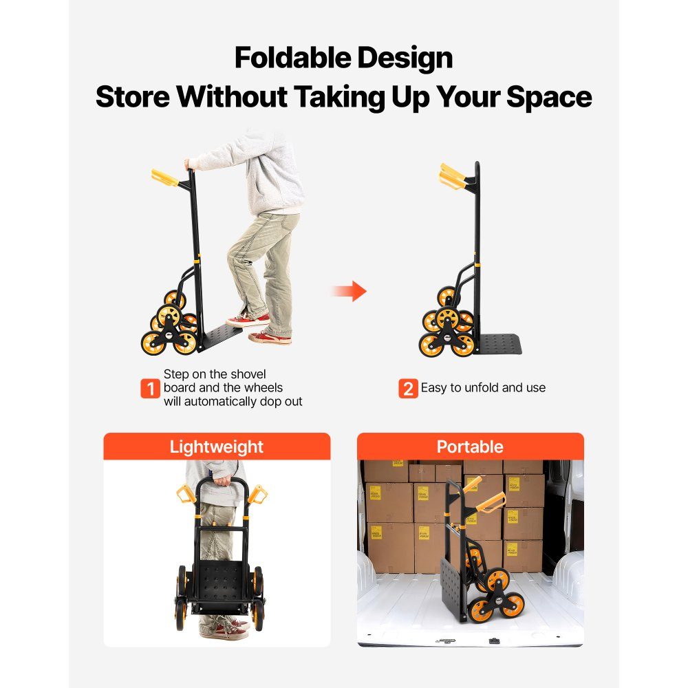 Folding stair hand truck, hand truck 150 kg load capacity, stair climber with 6 wheels & 2 tension straps, transport trolley, stair truck, stacking truck, ideal for household, shopping & storage