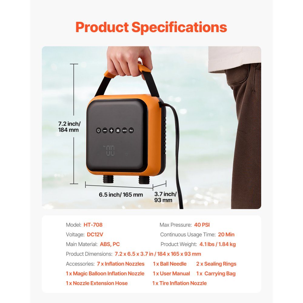 Paddleboard Pump (40 PSI), Two-Stage Electric Portable SUP Air Pump with Auto Shut-Off and 12-V-Gleichstromanschluss, Inflate and Deflate, Ideal for Inflatable Paddleboard Mattresses