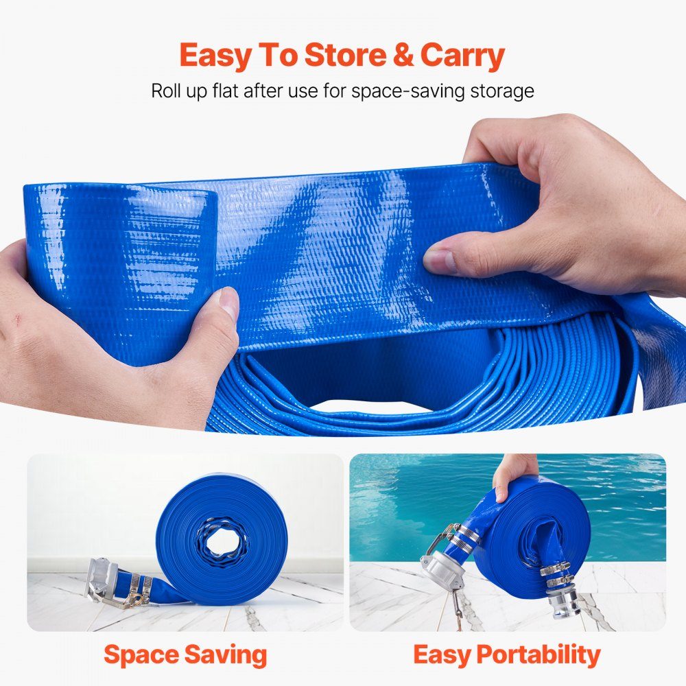 Tuyau plat 38 mm x 15 m pour eaux usées, tuyau de lavage à contre-courant avec raccords Camlock en aluminium, adapté à diverses pompes, traitement des eaux usées, transport de l'eau et autres usages