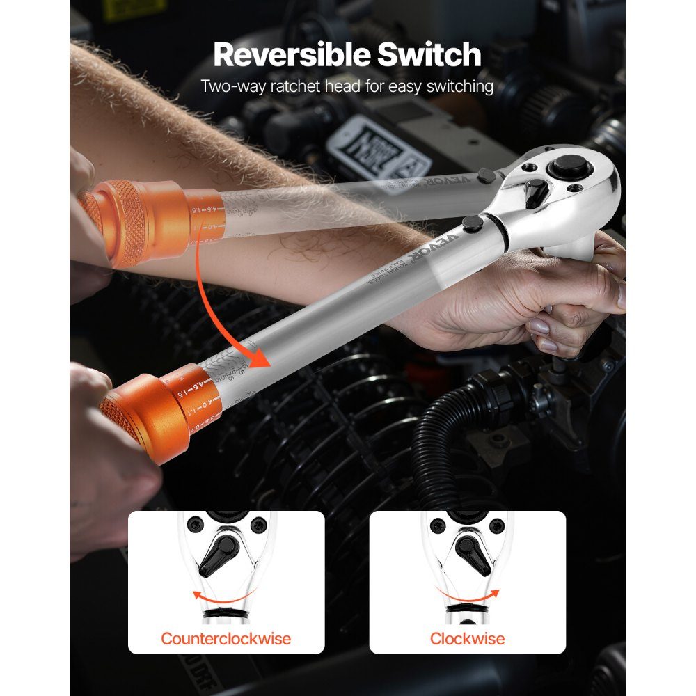Click Torque Wrench, 3/8" Drive 5-60Nm Two Way Torque Wrench with Sockets, Extension and Drill, 72 Teeth ± 3% High Precision Alloy Steel for Car Repair