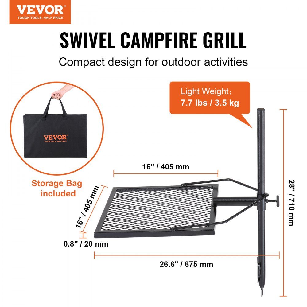 Rôtissoire en acier gril pivotant 405x405mm gril à charbon de bois support de gril portable support de gril 6 kg capacité de charge 300 ℃ gril à rôtir autoportant barbecue grill chariot barbecue camping