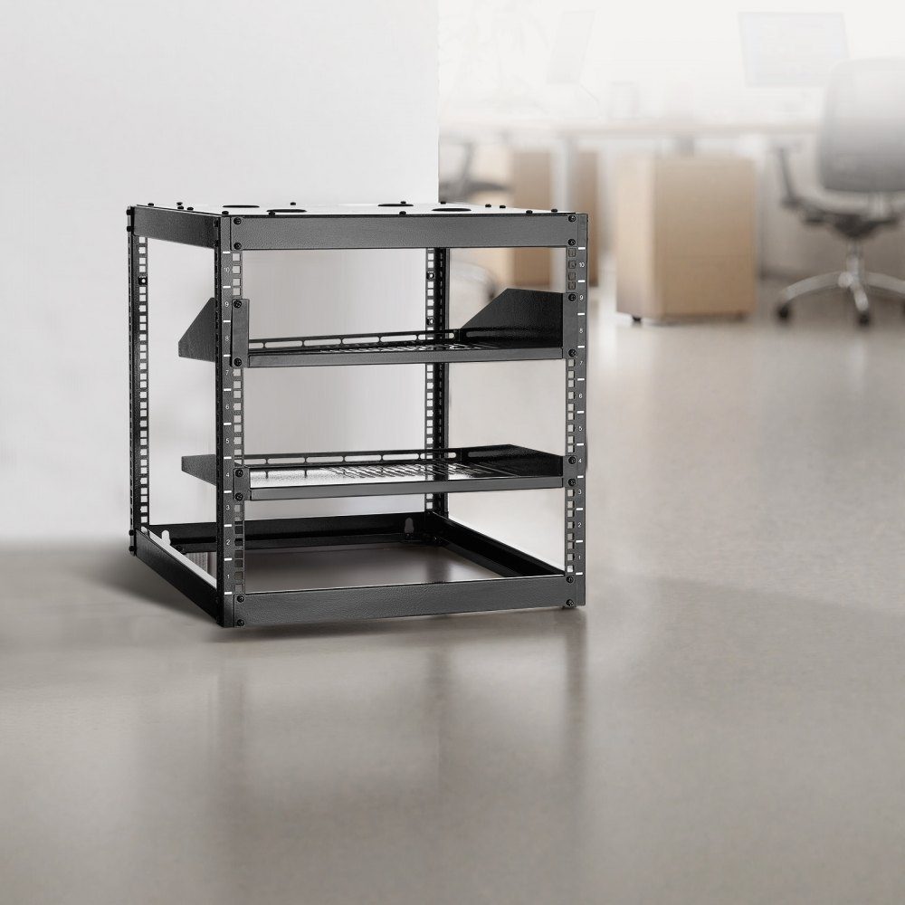 10U open frame network rack, 585mm depth, wall mount or floor standing server rack, 4 post construction, with ventilated shelves and mounting hardware, for all network IT equipment and AV equipment