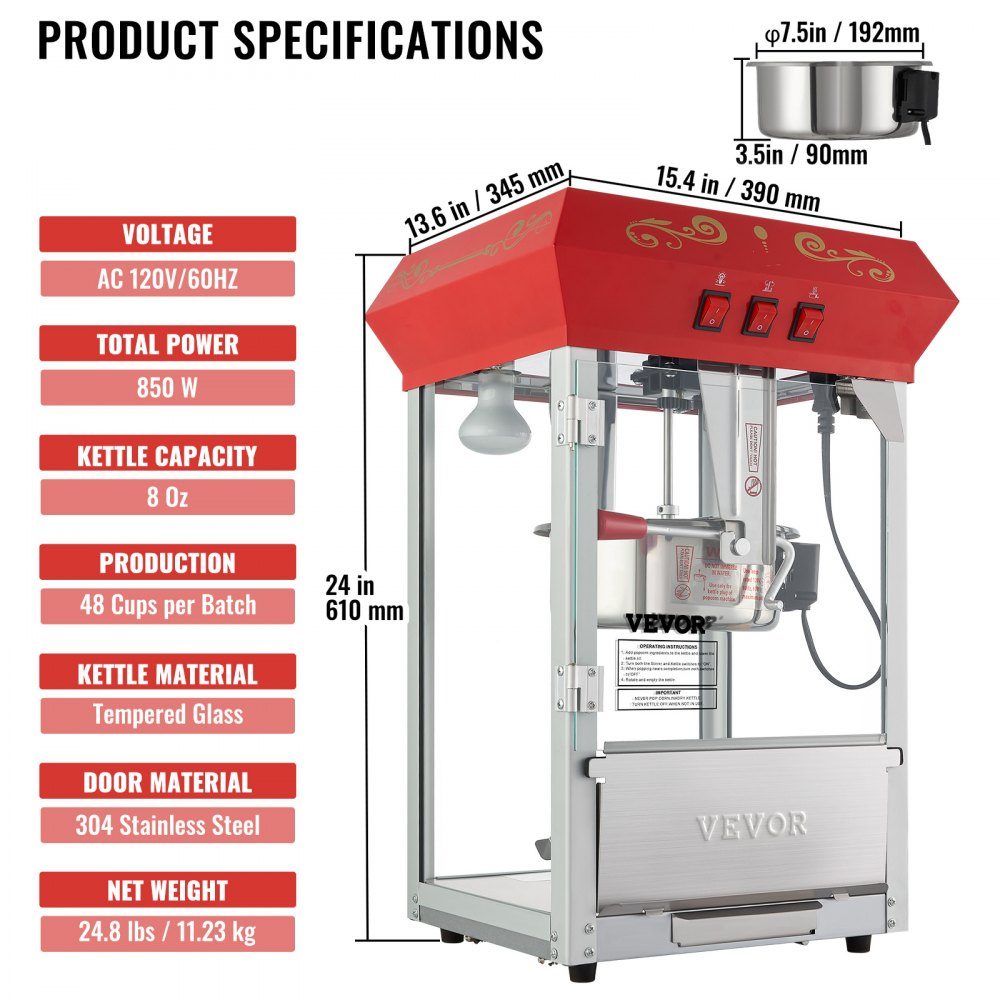 Machine à pop-corn Machine à pop-corn Machine à pop-corn 850 W, bouilloire de 8 oz pour 48 tasses par charge, machine à pop-corn de comptoir avec verre trempé, comprend une machine de style cinéma à 4 boules
