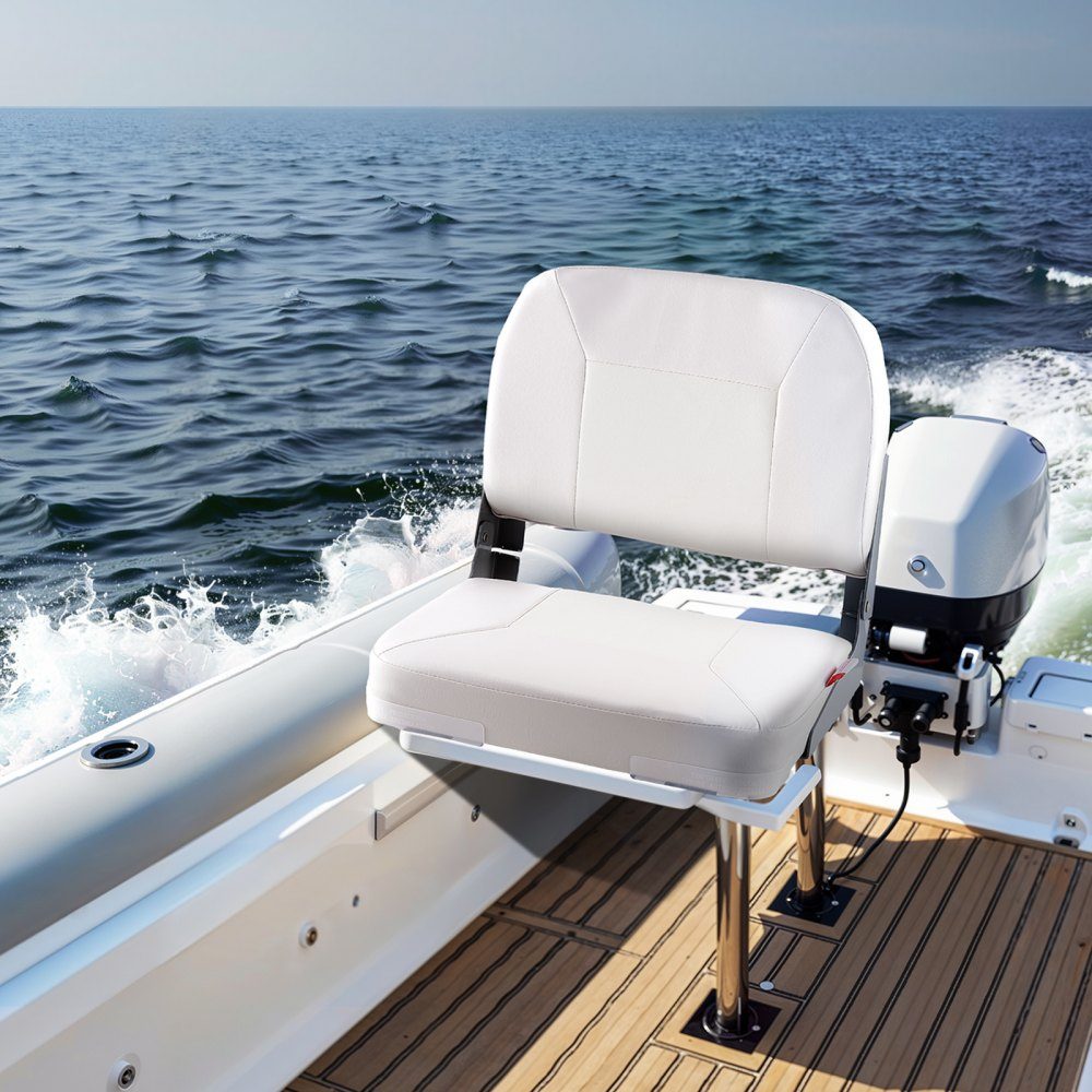 1 Piece Boat Seat Low Back Folding Fishing Boat Seat with Thick Sponge Cushion and Waterproof Hinges Made of PVC Leather and Aluminum Alloy for Yachts Boats White