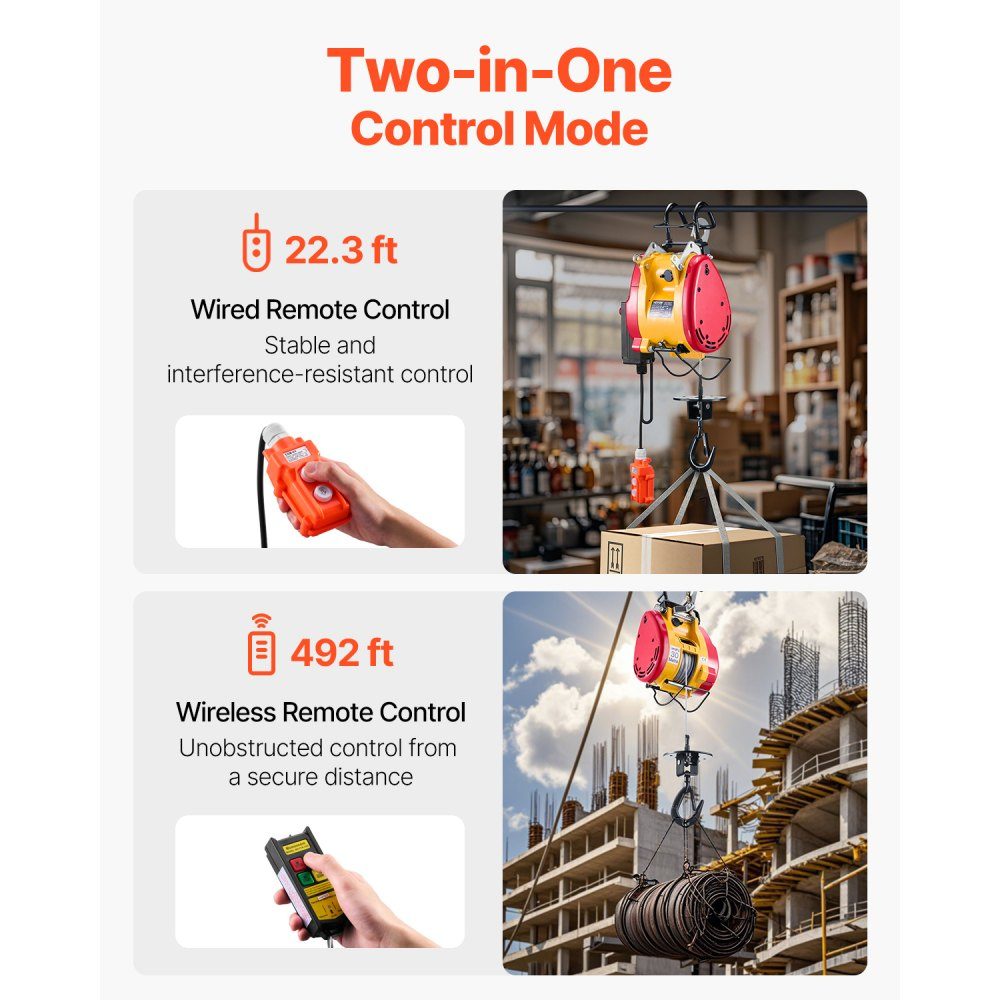 2 in 1 Electric Hoist Winch, 500kg Load Capacity, 1800W Portable Winch, 30m Lifting Height, 11m/min with Cable and Wireless Remote Control, for Garage, Warehouse, Factory, Lifting and Towing Work