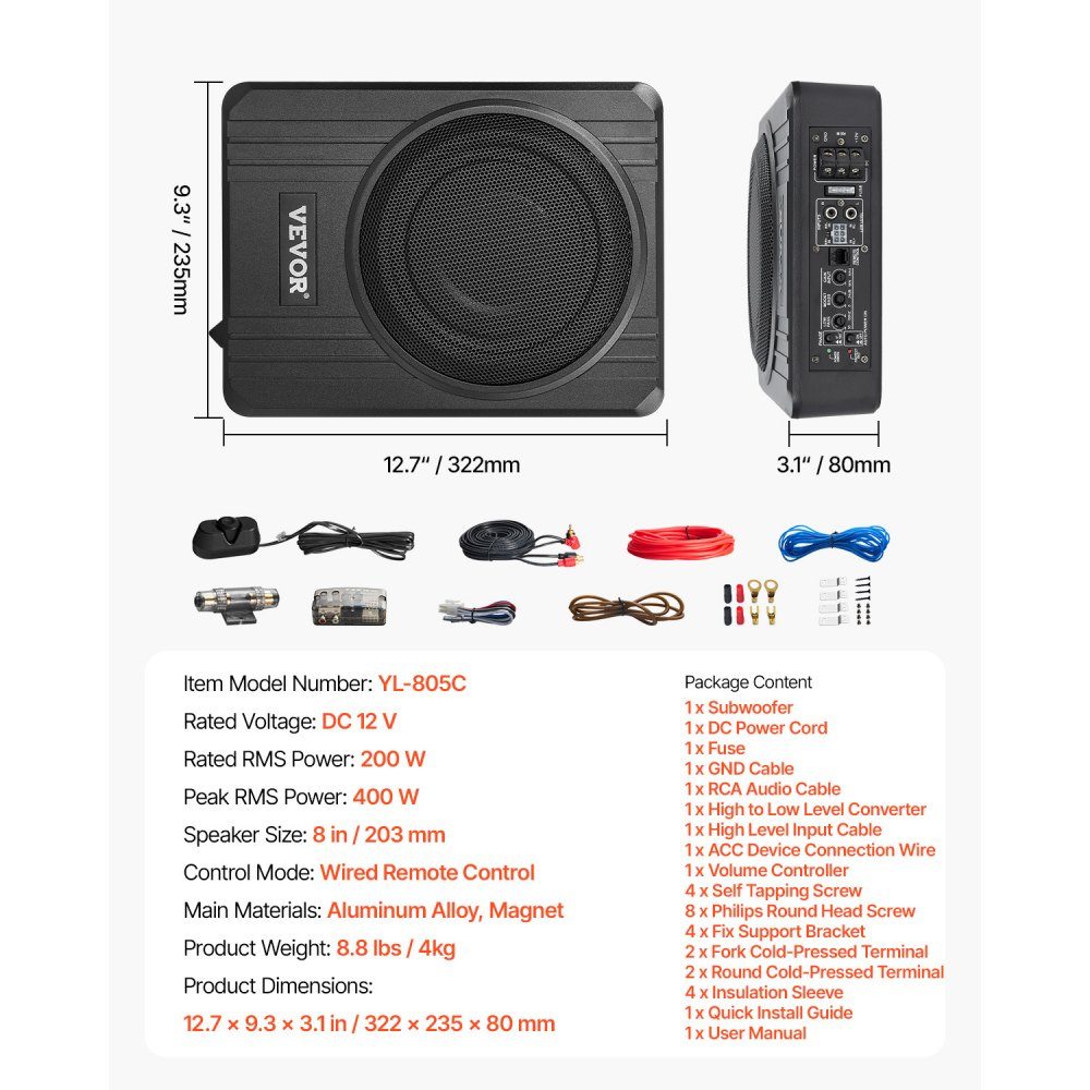 Subwoofer samochodowy pod siedzeniem 400 W, smukły subwoofer samochodowy o średnicy 203 mm, podsystem z wbudowanym wzmacniaczem, wejście wysokiego/niskiego poziomu i regulacja głośności dla SUV-ów, ciężarówek