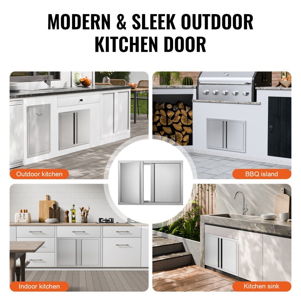 Porte d'accès au gril 710x482mm Double porte de cuisine extérieure encastrée en acier inoxydable, porte murale verticale avec poignées rétractables pour Grill Island Grill Station armoire extérieure