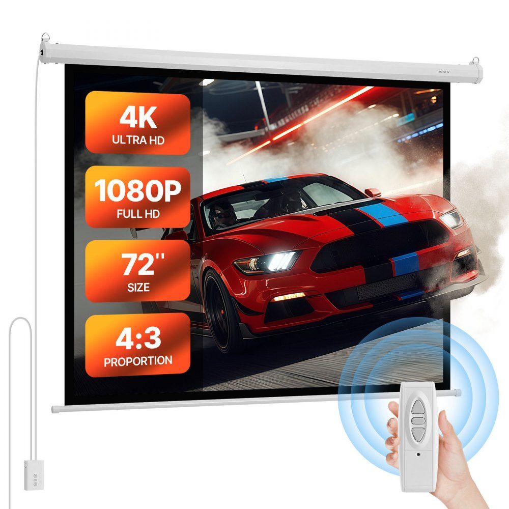 Motorized Projection Screen, 1829mm 4:3 1080 HD Electric Projection Screen, Wall Mounted Projector with Remote Control, Automatic Movie Screen for Family Home Office Cinema