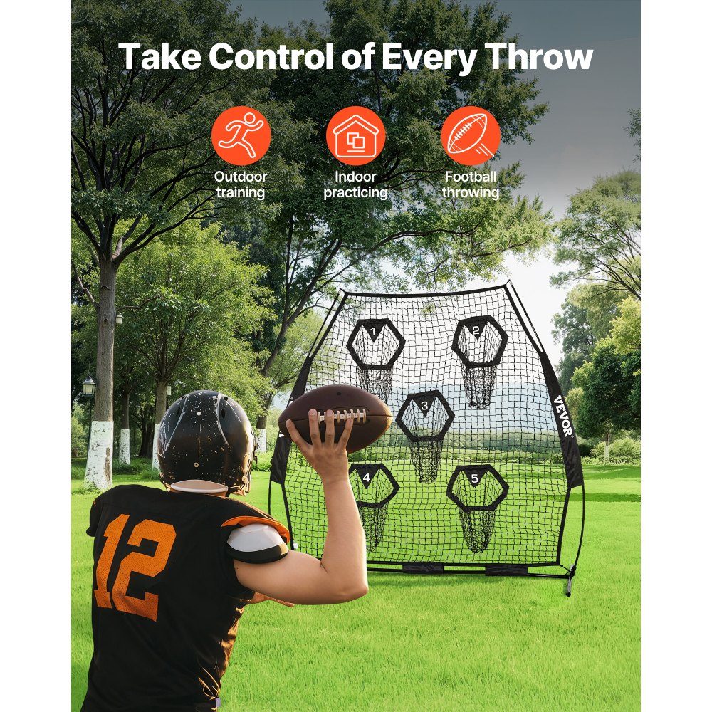Football Coach Throwing Net, Practice Net (2265 x 1060 x 2100mm) with 5 Target Pockets and Portable Storage Bag and Straps, Throwing Target Training for Quarterback Passing Accuracy, Black