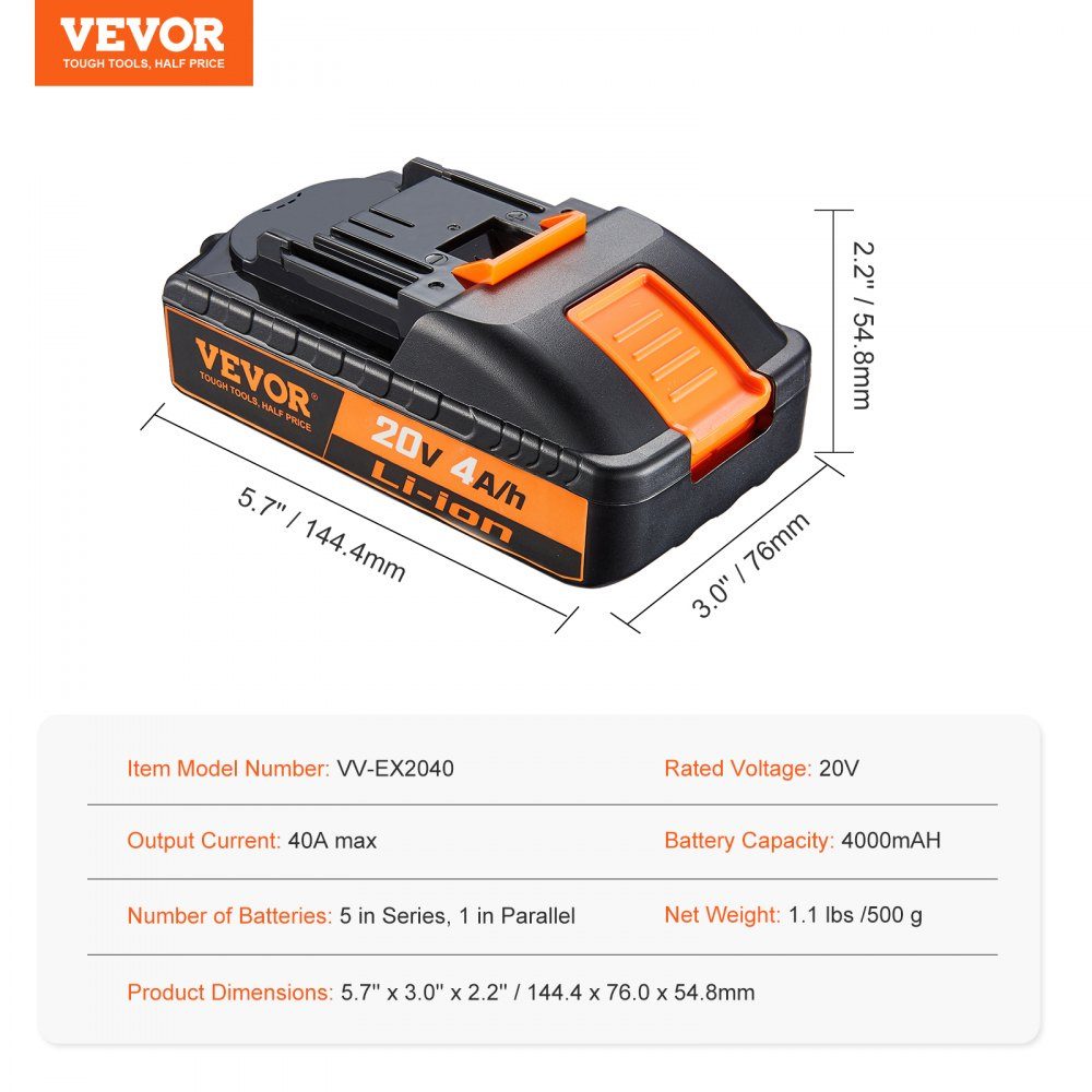 20V 4000mAh Lithiumbatterie-Ersatz für Elektrowerkzeuge max. 40-A-Ausgangsstrombatterie mit Überladungs-, Tiefentladungs-, Überhitzungs- und Kurzschlussschutz-Lithiumbatterie 144,4 x 76,0 x 54,8 m