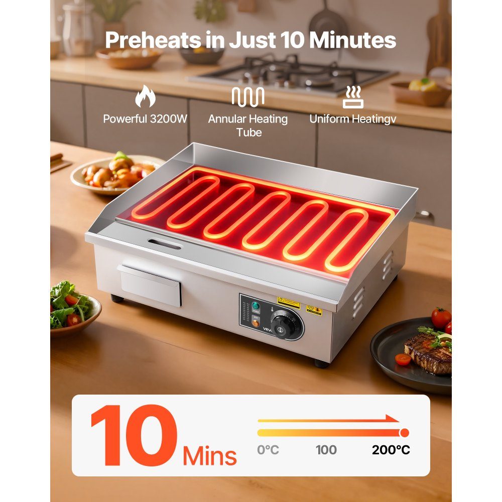 Electric grill commercial grill plate (535 x 300 mm) 3200 W with 50-300 °C adjustable temperature control, frying plate griddle plate with 2 spatulas & 2 brushes & 4 foot pads for steak