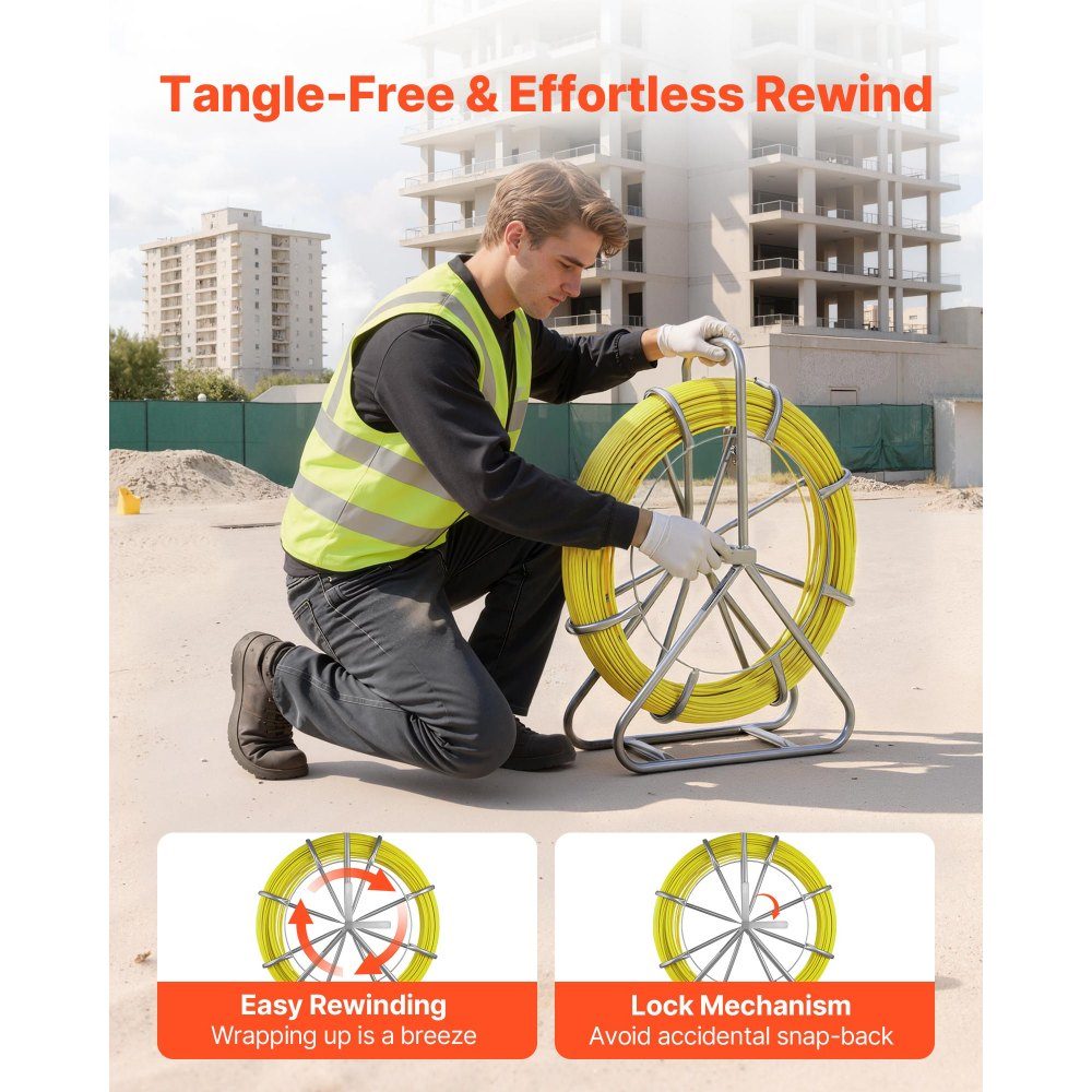 Fiberglass cable wheel 152 m Ø6.3 mm fiberglass rod, fish tape with stand, cable pulling aid with markings, cable threader, cable puller for walls & electrical installation pipes, non-conductive