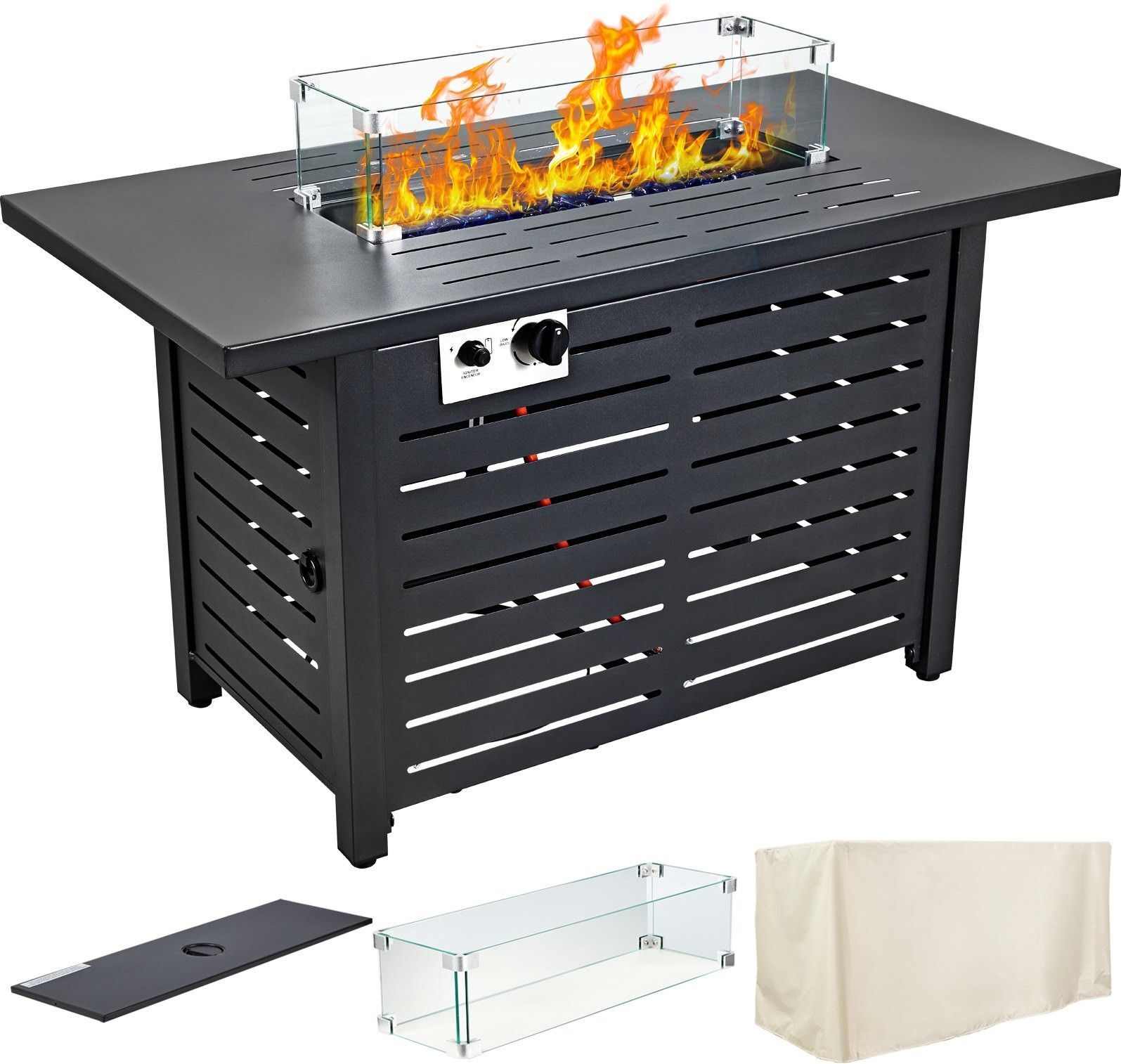 Buitenvuurtafel 109cm gashaard vuurschaal koolstofstaal gashaard 109x56x62cm incl. stalen deksel windbescherming regenhoes 9L propaantank voor 9 uur vuurtafel voor patiotuin