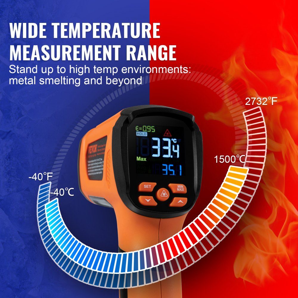 Infrarot-Thermometer IR 50:1, Pyrometer -40 °C bis 1500 °C, Laser-Temperaturmessgerät, 180 x 120 x 60 mm, Temperaturmessgerät, nicht menschliches Körperthermometer für Kochen/Grillen/Gefrierschrank/Industrie