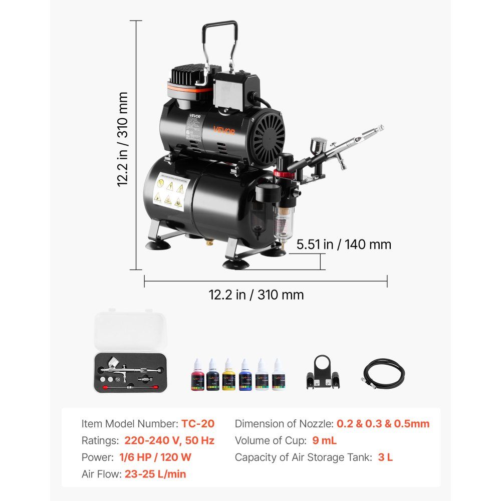 Airbrush Set 1/6 HP with Air Compressor & Tank, 1 Dual Action Airbrush Gun with 3 Nozzles (0.2/0.3/0.5mm) & Hose & Acrylic Paint & 1 Fan, for Cake Decoration, Model Painting, Nail Art