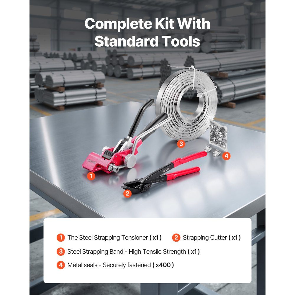 4-piece steel strapping set, manual strapping tool with 122m metal strapping, 400 metal clips and cutters, perfect workshop equipment for industrial packaging, transport and storage