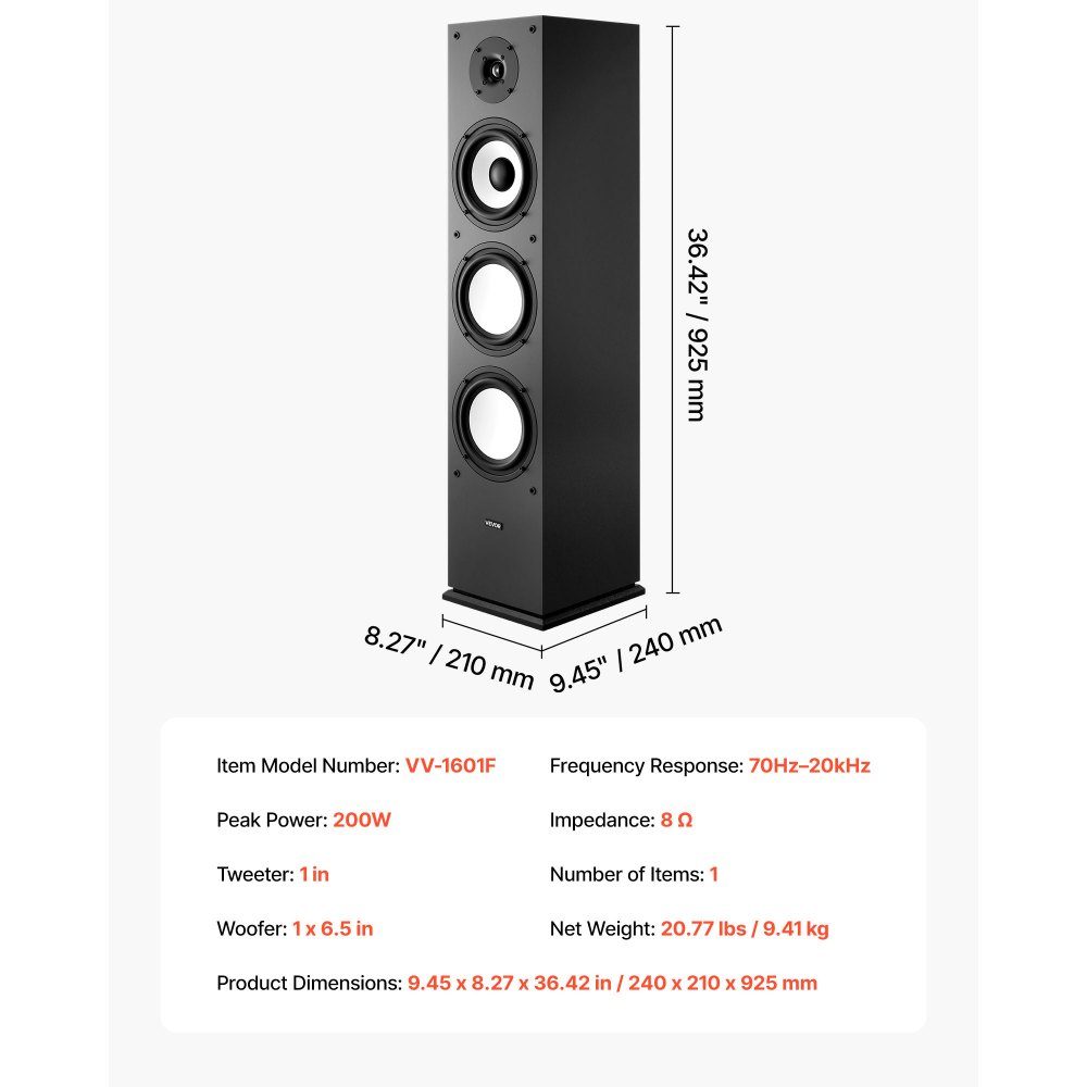 Passive floorstanding speaker, 2-way system with 1" tweeter, 6.5" woofer, 200W peak power, 70Hz-20kHz frequency response, robust MDF housing, for home audio, single