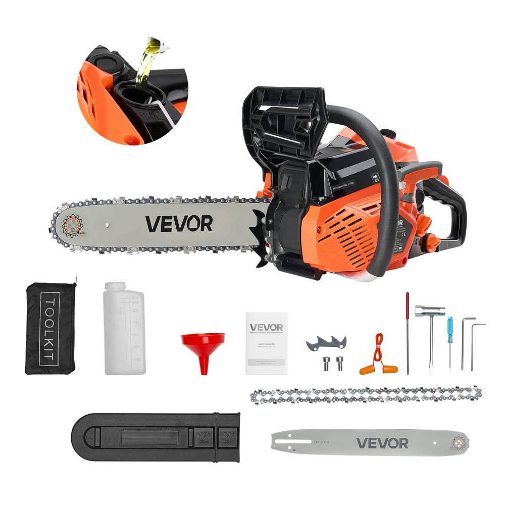 40cc petrol chainsaw, 355mm petrol chainsaw, 1.8 HP saw with non-slip handle, two fuel tanks, emergency stop function, max. 12000rpm, for felling, tree trimming & clearing 40cc petrol chainsaw, 355mm petrol chainsaw, 1.8 HP saw with non-slip handle, two fuel tanks, emergency stop function, max. 12000rpm, for felling, tree trimming & clearing