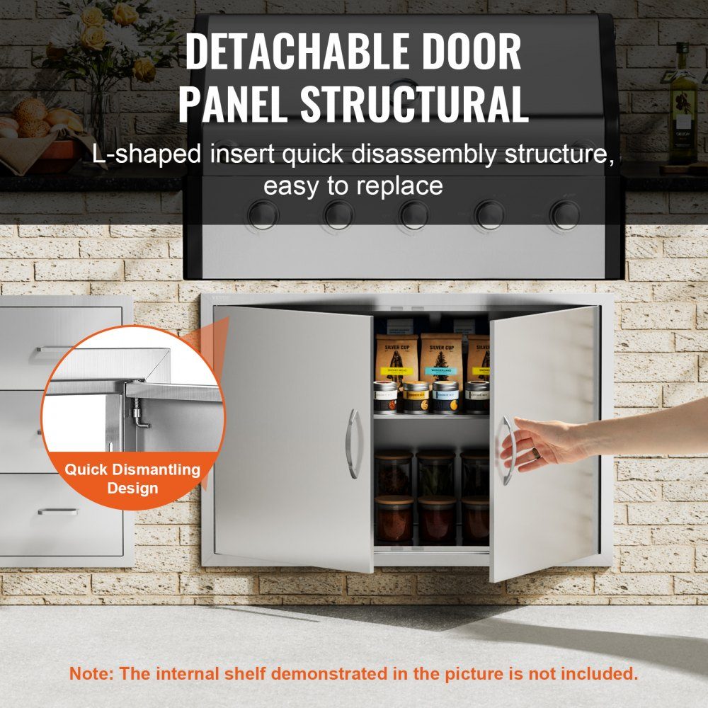 Grill Access Door 990x660mm Double Outdoor Kitchen Door Flush Mount Stainless Steel Door Vertical Wall Door with Handles and Hooks for Grill Island Grill Station Outdoor Cabinet