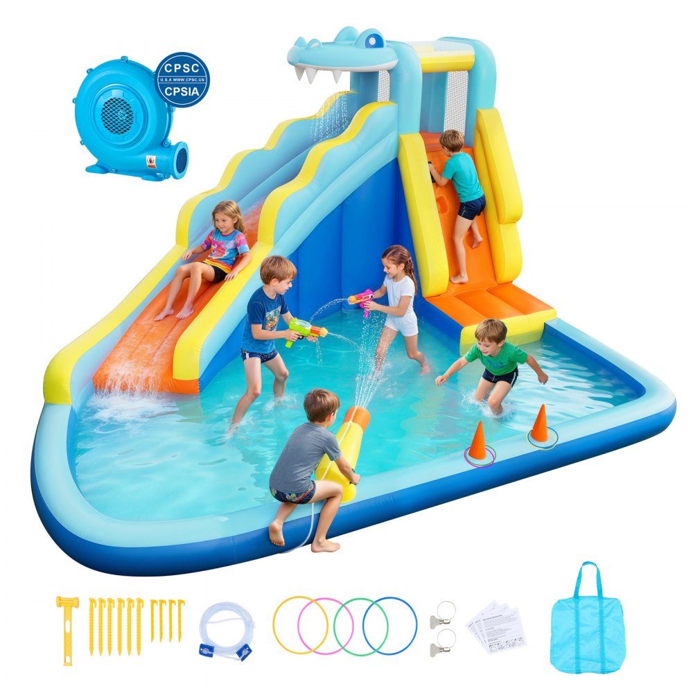 Aufblasbare Wasserhüpfburg Outdoor (353 x 400 x 235 cm), Hüpfburg mit Wasserrutsche (Krokodil-Optik) & Kletterwand & Planschbecken & Wasserring-Wurfspiel, für 3-4 Kinder (3 bis 8 Jahre alt)