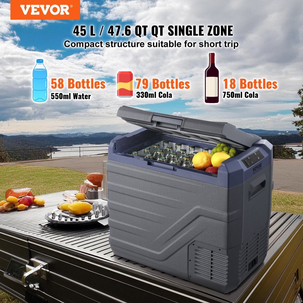 Car Fridge, 12V Car Fridge, 45L Portable Single Zone Freezer with Built-in Lighting, -20°C to 20°C, 12/24V DC and 100-240V AC Compressor Cooler for Outdoor, Camping, RV