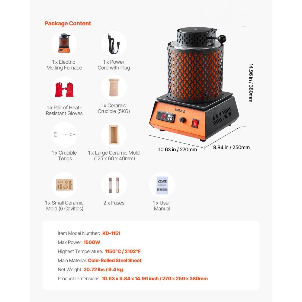 Digital Gold Melting Furnace Machine with 5kg Ceramic Crucible, Electric Melting Furnace 1500W Max 1150℃, Metal Melting Furnace Set for Jewelry Making, Metal Rods, Metal Components, Black