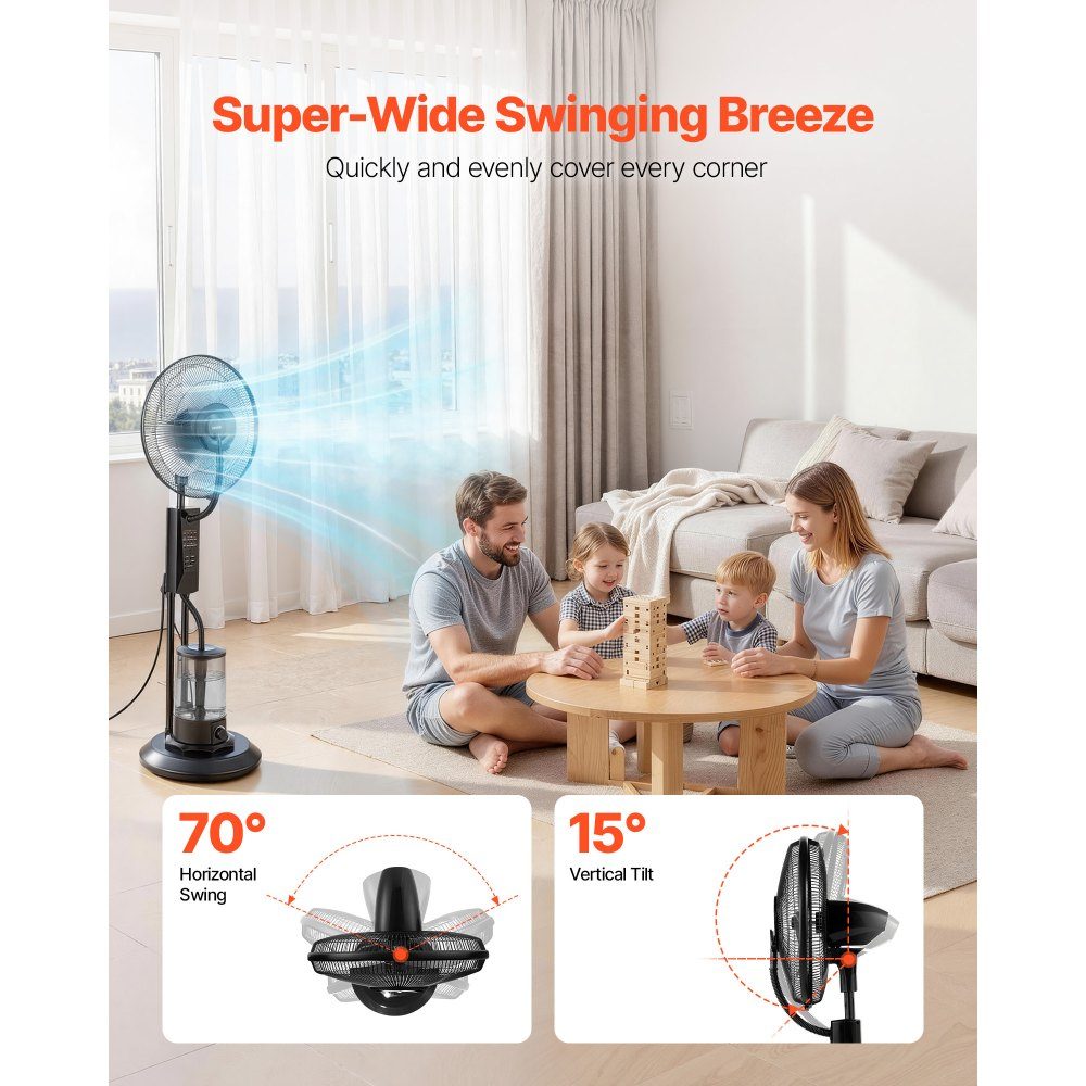 Standventilator mit Nebel, 75-W-Ventilator mit 3-Liter-Wassertank, 3 Windstufen, Timer und Fernbedienung, Luftbefeuchter mit Sprühsystem für Innen- und Außengarage, Terrasse, Wohnzimmer, 3 Modi
