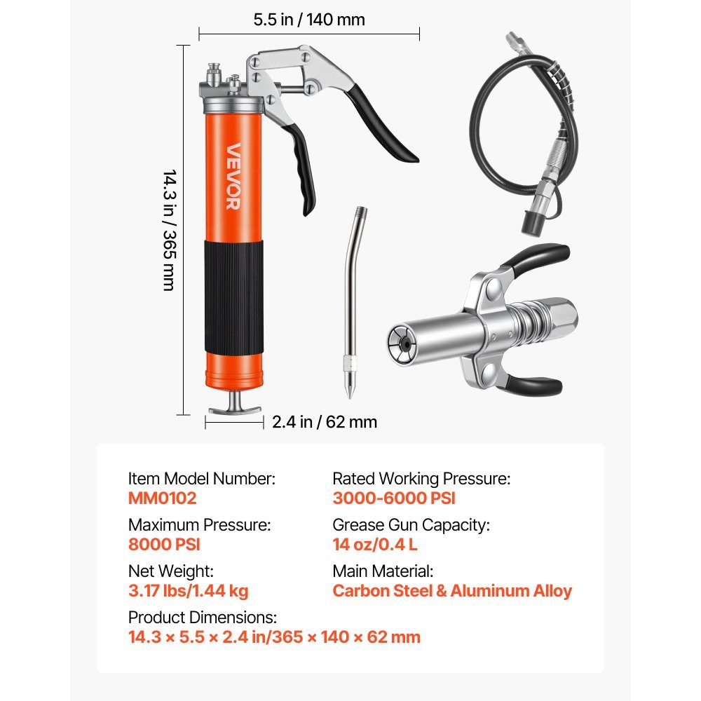 Le kit de pistolet à graisse d'une capacité de 551 bars, d'une capacité de 0,4 L, comprend un tuyau flexible de 18", un coupleur de graisse à double poignée, un tube d'extension rigide et une buse pointue pour l'automobile et la marine
