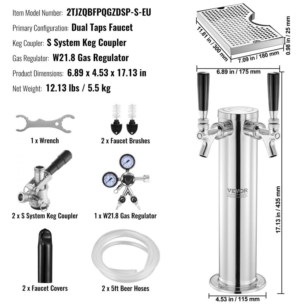 Kit de tour Kegerator, kit de conversion de bière avec 2 robinets, distributeur de tour de bière en acier inoxydable avec régulateur W21.8 à double jauge et coupleur de fût système S, plateau d'égouttage de bière pour fête à la maison