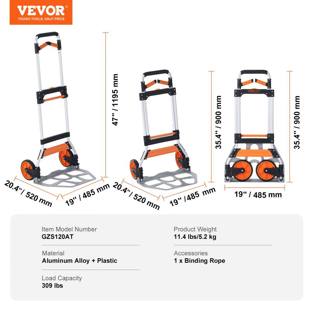Folding Sack Truck 140kg Aluminum Alloy Plastic Transport Trolley Stacking Trolley with Adjustable Handle 900-1109mm Foldable Trolley with Tension Rope Included Compact Size for Storage