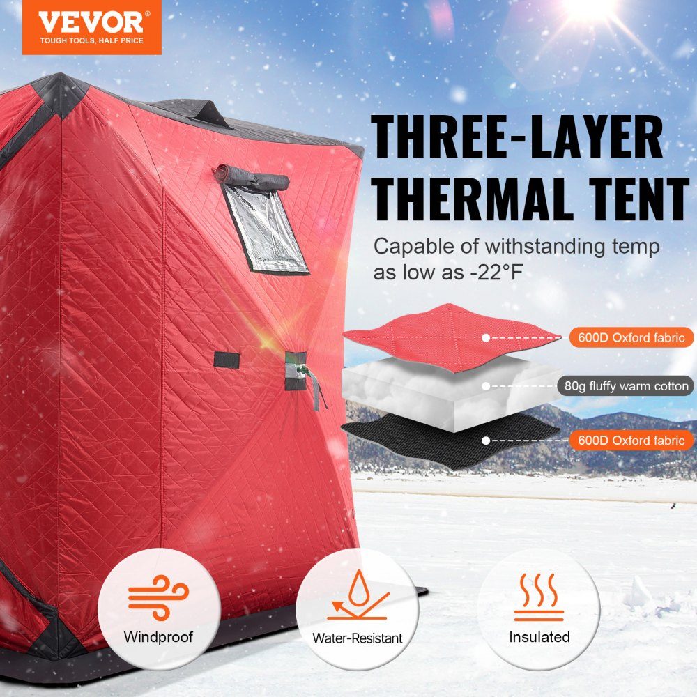 Portable Ice Fishing Tent, Pop Up Ice Fishing Tent for 3-4 People, Fishing Tent, Fishing Umbrella, Thermal Ice Hut for Winter Fishing, Tent with Anchors, Ropes, Carry Bag, 1.8x1.8x2m, Red