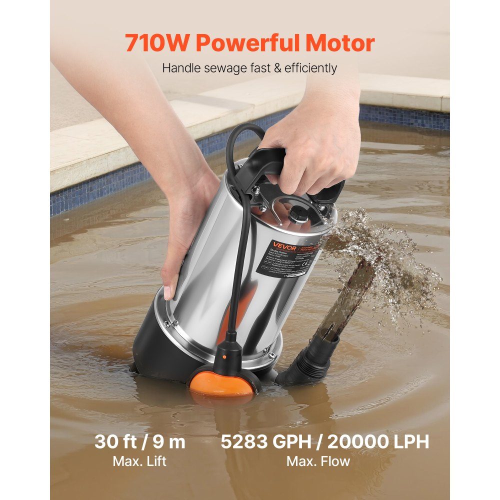 710W Tauchpumpe, 20000l/h, Schmutzwasserpumpe für Abwasser, Schmutzwasser & Reinwasser mit automatischem Schwimmerschalter, 9m Förderhöhe, für Pools, Teiche, überschwemmte Gebiete