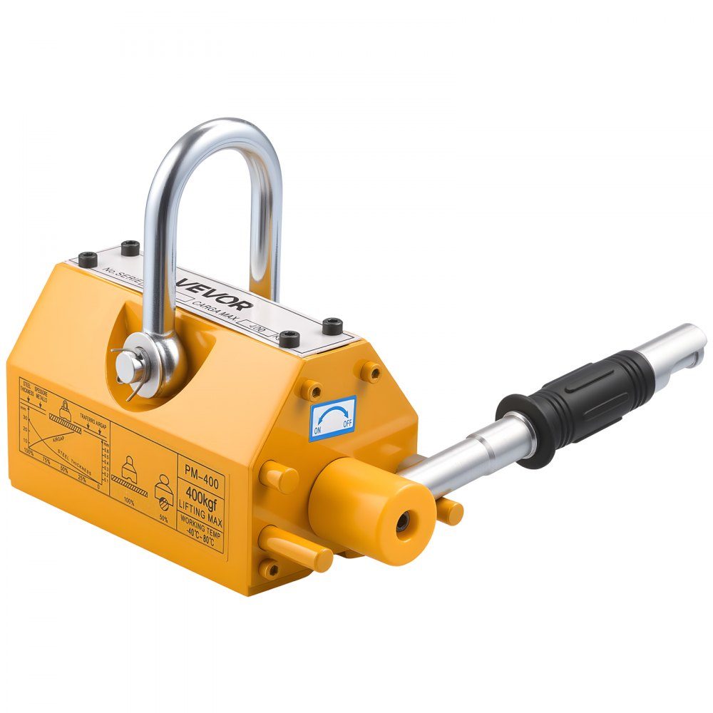 Lasthebemagnet Permanentmagnetheber 400 kg Zugkraft Lasthebemagnet mit Entriegelungsgriff & Stahlhaken, verwendet in Werkstattkränen und Hebezeugen, zum Heben von Stahlplatten, Brettern gelb