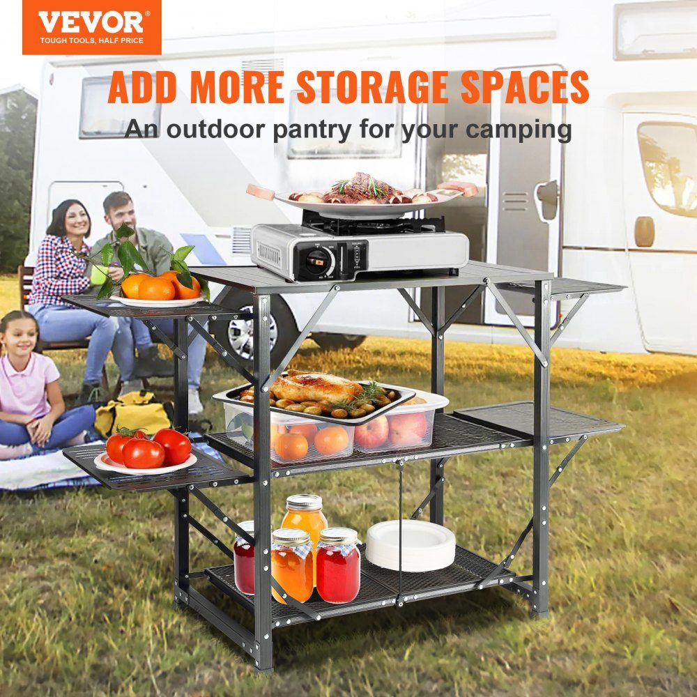 Camping-Küchentisch aus Aluminium, faltbar, tragbare Outdoor-Kochstation mit 4 Eisenseiten, 2 Ablagen und Tragetasche, schnelle Installation für Picknick, Grillen, Strand, Reisen usw
