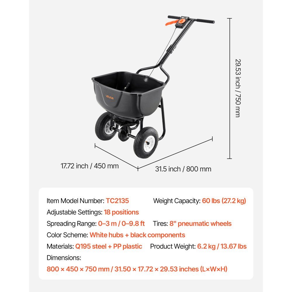 Rozsiewacz o udźwigu 27 kg, rozsiewacz nawozów, rozsiewacz nasion, szerokość rozsiewu 0-3 m, rozsiewacz odśrodkowy z ogumieniem pneumatycznym 20 cm, jako pomoc w siewie lub wózek nawozowy