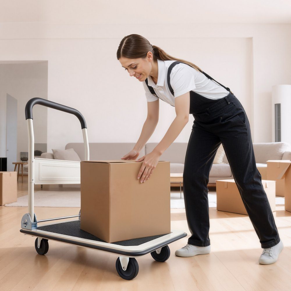 Folding platform trolley 150 kg, transport trolley with swivel castor, hand trolley loading area with anti-slip coating, transport aid for easy storage, 735x480x825 mm trolley